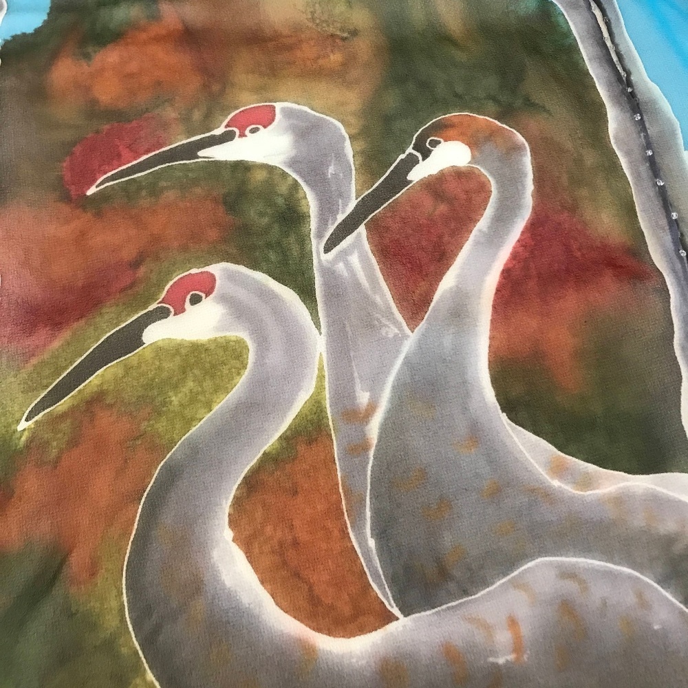 Hand Painted Silk Bird & Sun Motif Neck Scarf